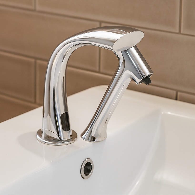 Fontana Touchless Faucets commercial wall mount brushed finish sensor faucet with deck-mounted soap dispenser